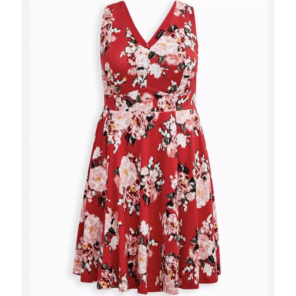 NWT TORRID Sz 16 Contouring Fit & Flare Red Boho Floral Dress New $129 w Pockets